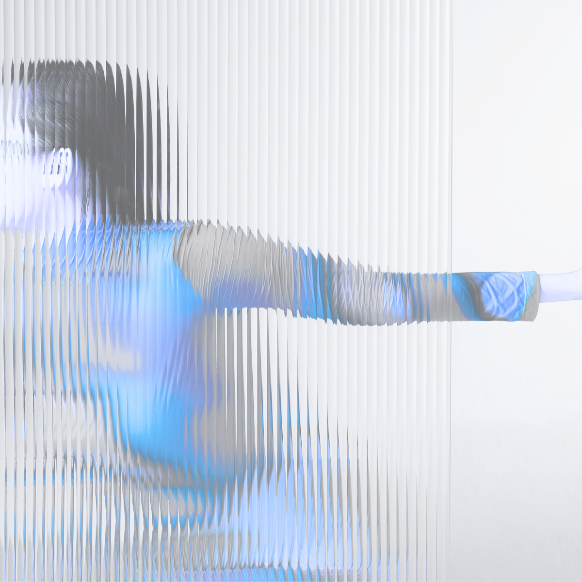 A human figure behind frosted glass, fragmented into vertical slices that resolve into a single clean line